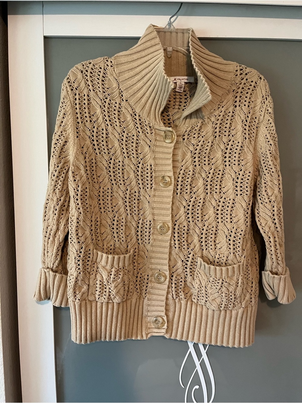 JM Collection Beige Open-Knit Button-Front Cardigan
